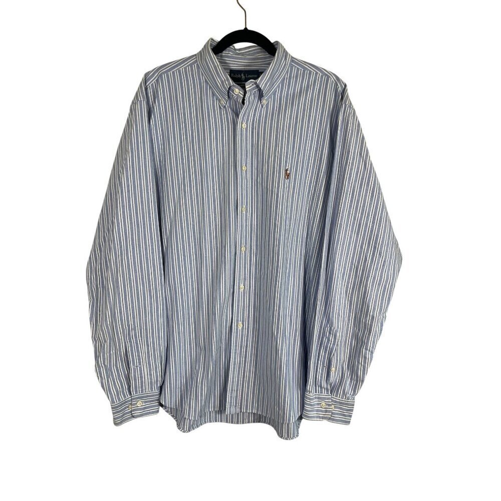 Ralph Lauren Shirt Men 17.5 Blue Collar Classic Oxford Striped Polo Western 80s